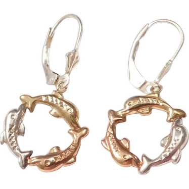 Sterling Silver Tri-Color Circle Dolphin Earrings