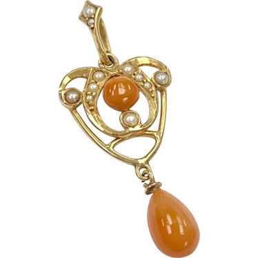 Victorian Lavaliere Pendant 14K Gold Coral & Seed… - image 1