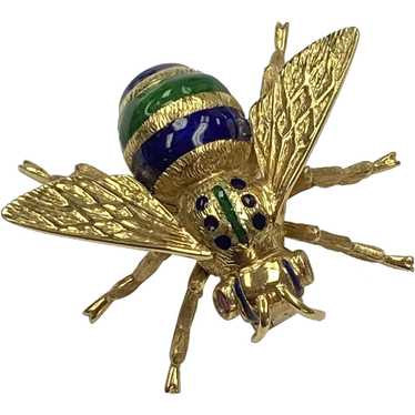 Colorful Enameled BEE Pin Brooch 18K Gold and Rub… - image 1
