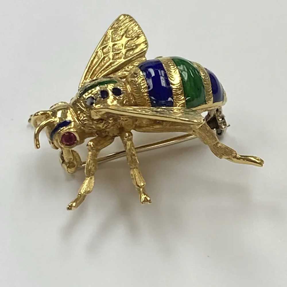 Colorful Enameled BEE Pin Brooch 18K Gold and Rub… - image 2