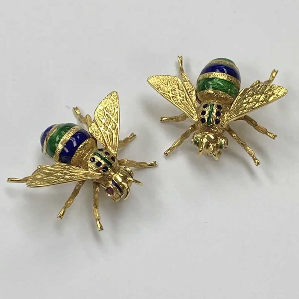 Colorful Enameled BEE Pin Brooch 18K Gold and Rub… - image 5