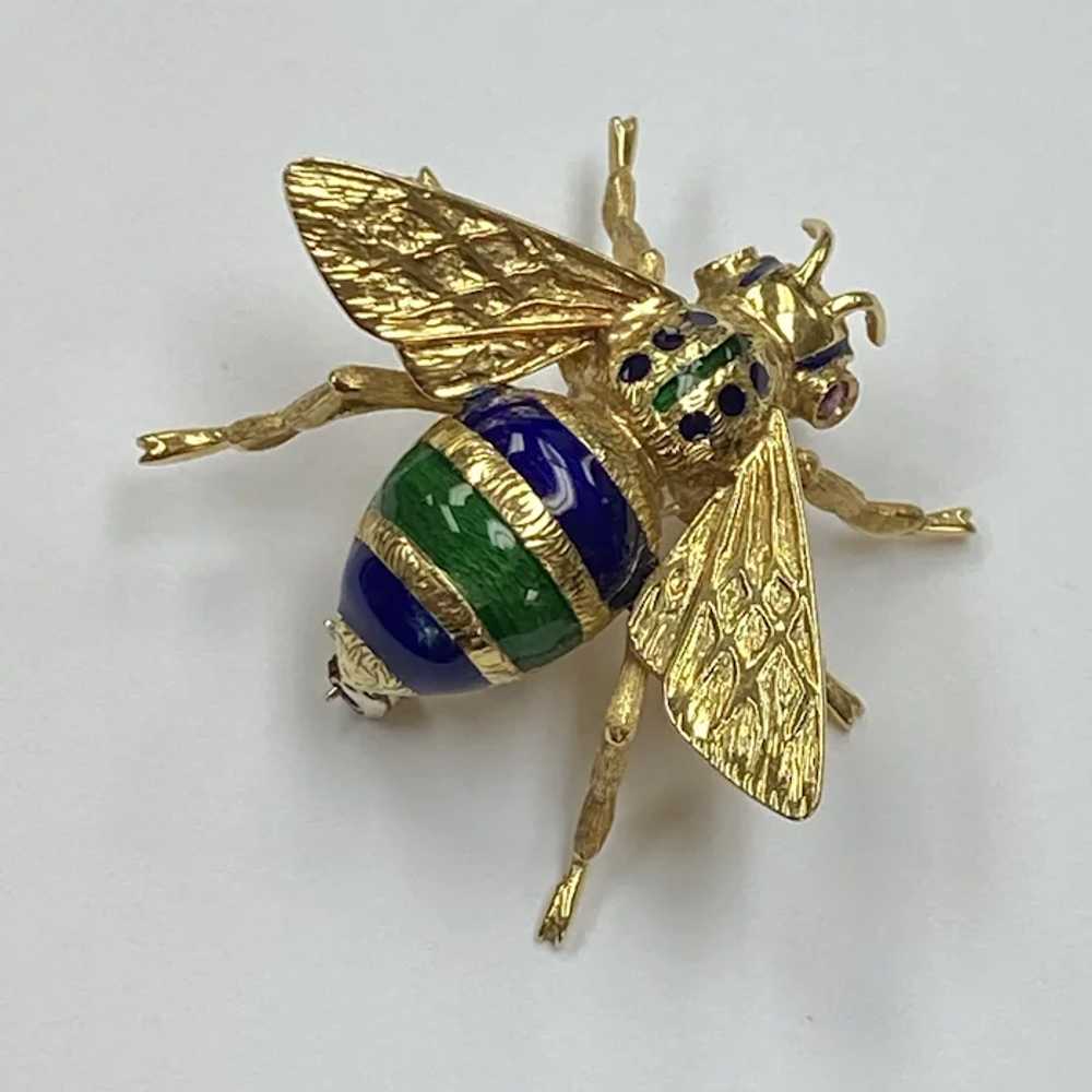 Colorful Enameled BEE Pin Brooch 18K Gold and Rub… - image 6