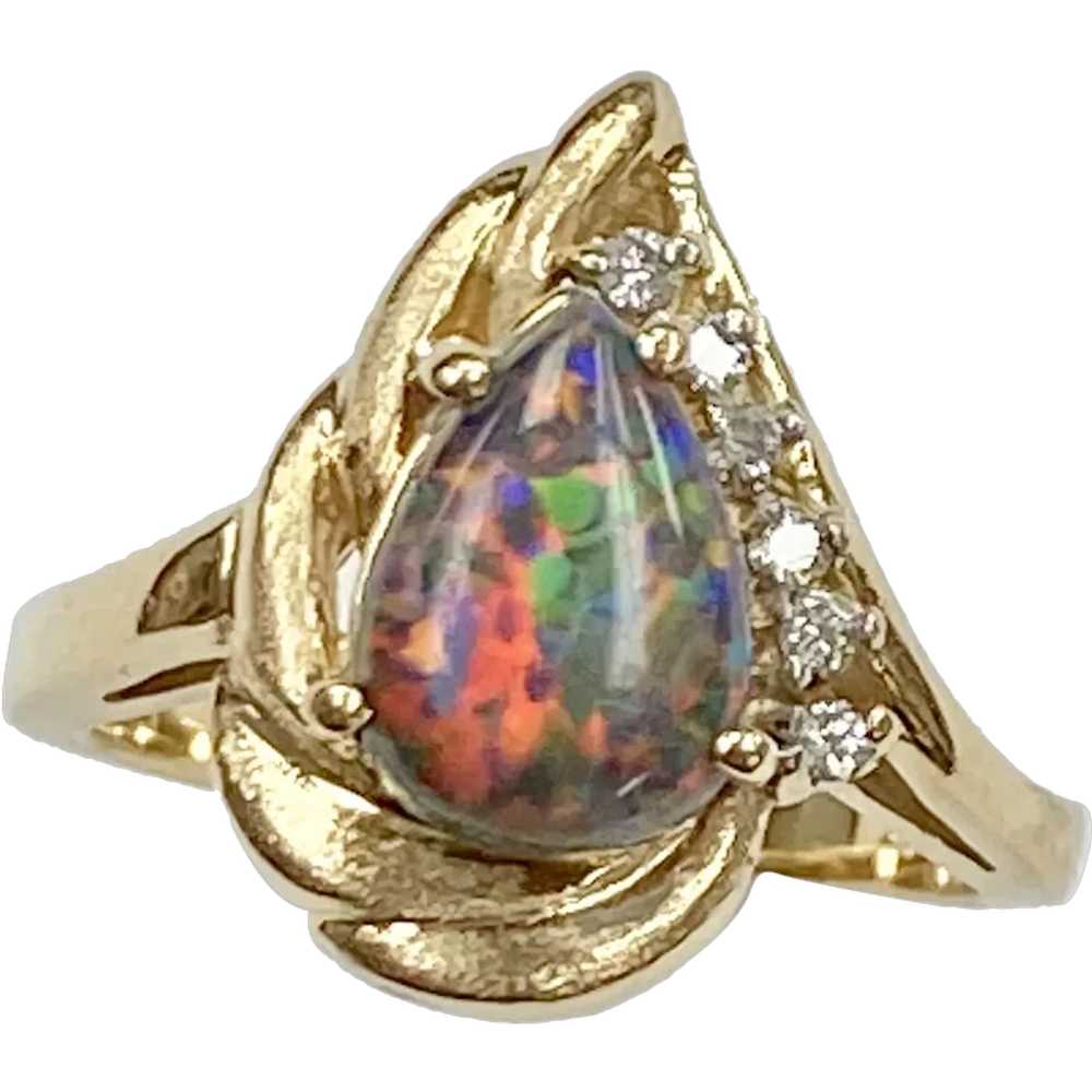 Natural Black Harlequin Opal & Diamond Ring 14K G… - image 1