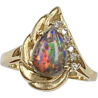 Natural Black Harlequin Opal & Diamond Ring 14K G… - image 1