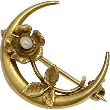 Victorian Crescent Moon & Flower Pin / Brooch 10K… - image 1