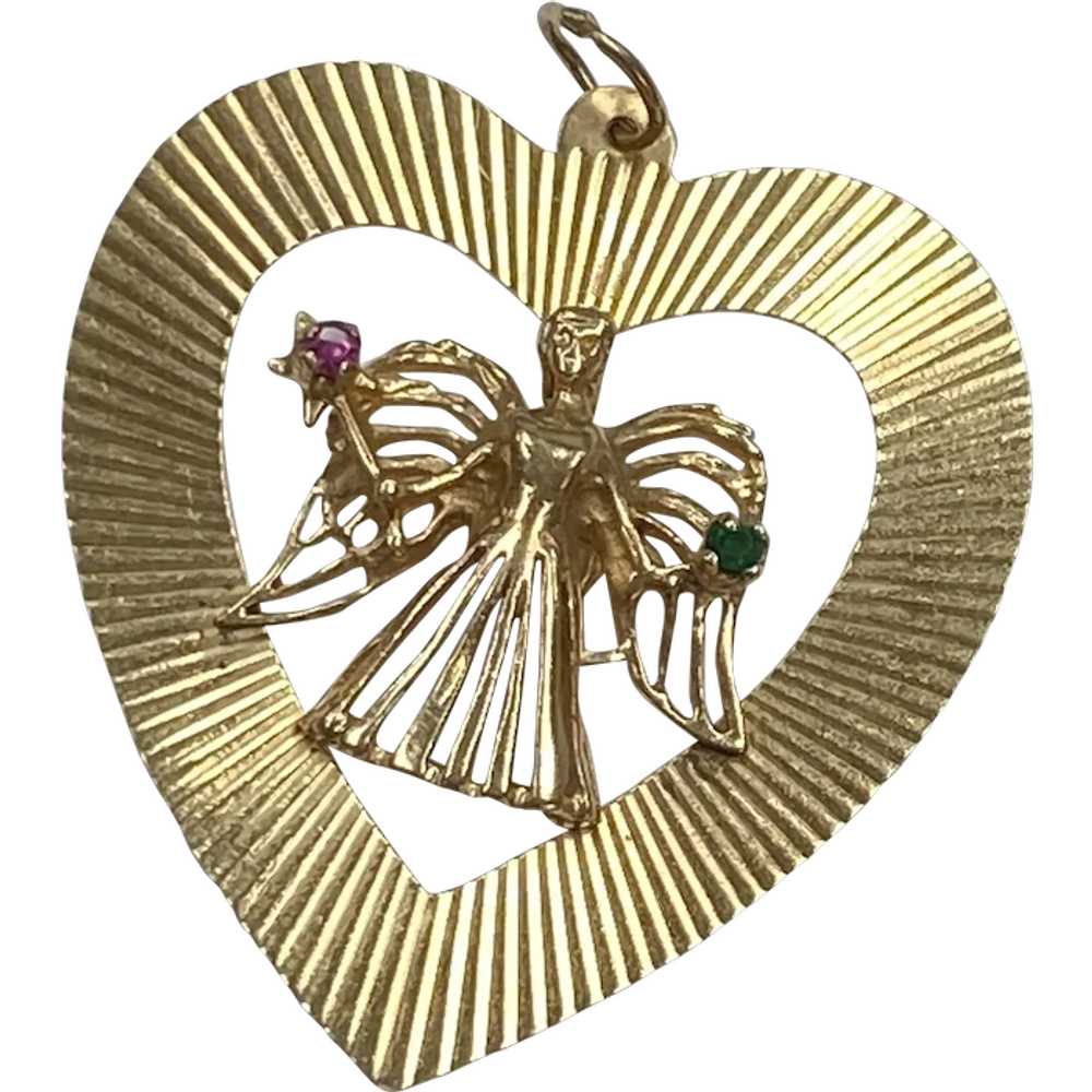 BIG Vintage Heart Charm with Jeweled Angel 14K Go… - image 1