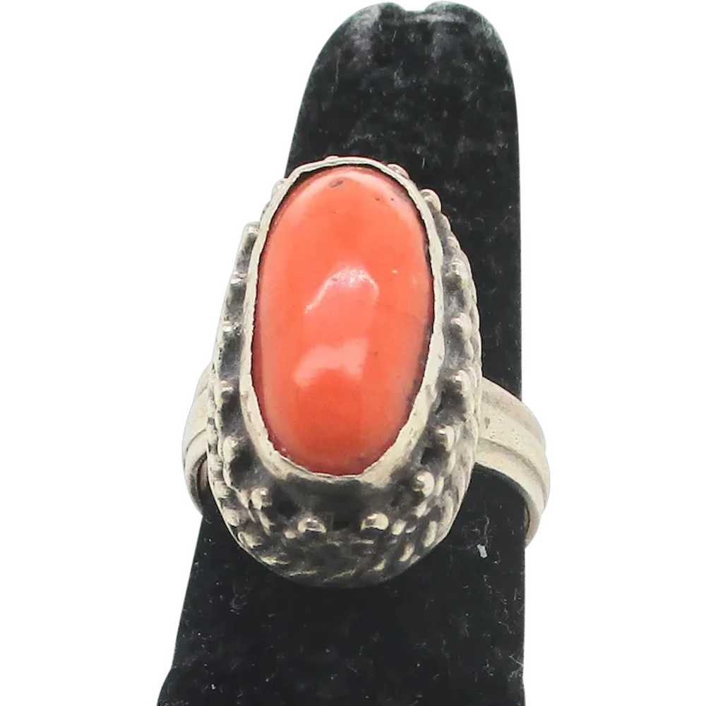 Coral Cabochon Silver Chinese Ring 1950s. - image 1