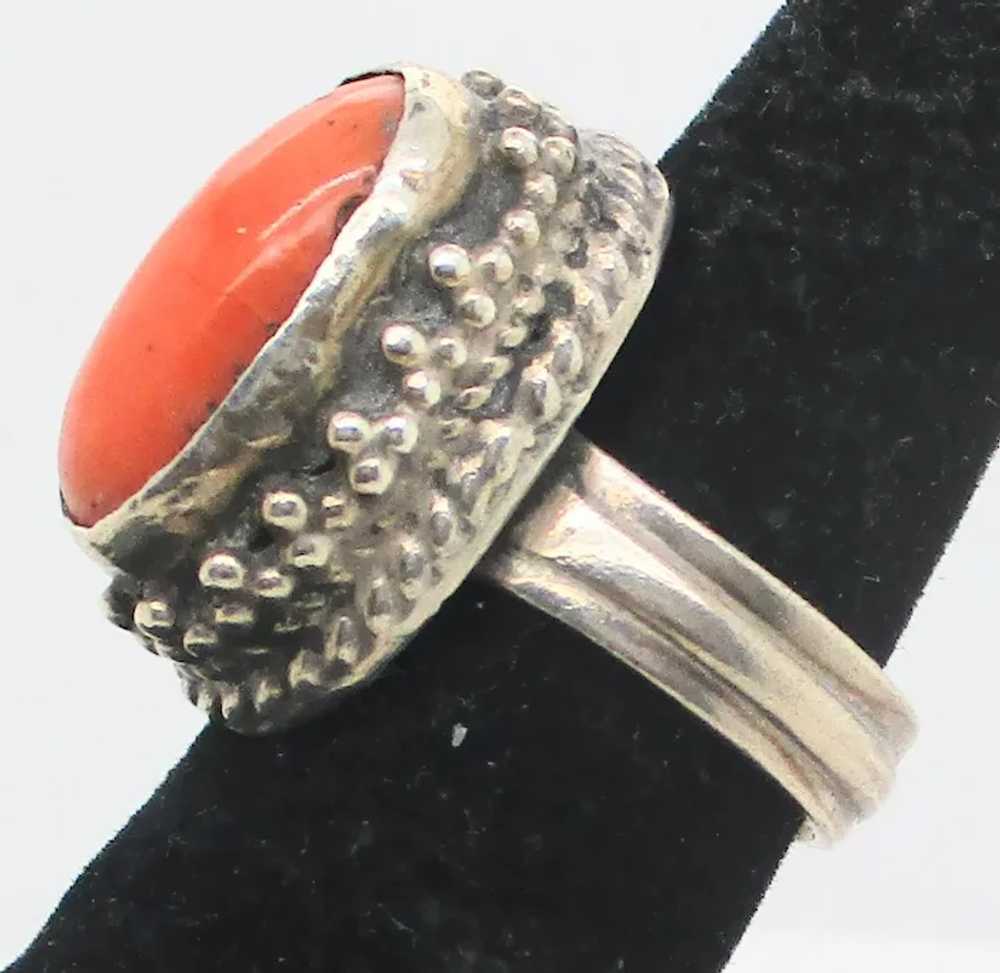 Coral Cabochon Silver Chinese Ring 1950s. - image 2