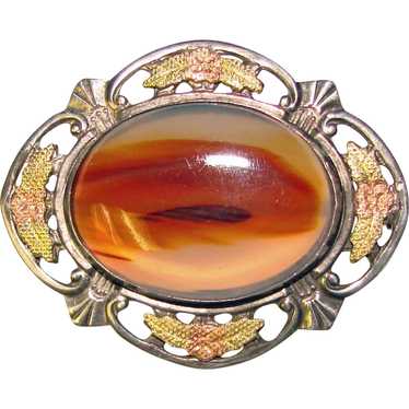 Fabulous STERLING & AGATE Signed Vintage Brooch