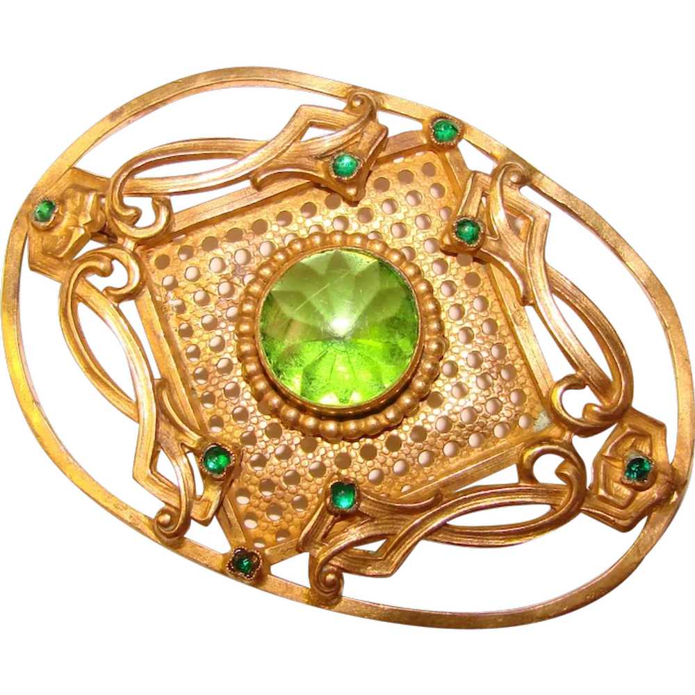 Fabulous Antique GREEN Glass Ornate Sash Pin Broo… - image 1