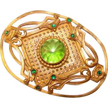 Fabulous Antique GREEN Glass Ornate Sash Pin Broo… - image 1