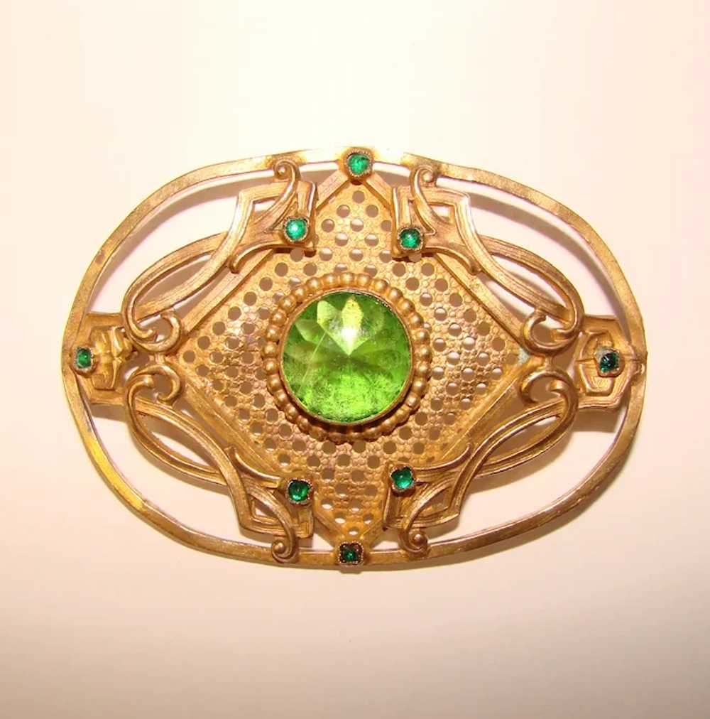 Fabulous Antique GREEN Glass Ornate Sash Pin Broo… - image 2