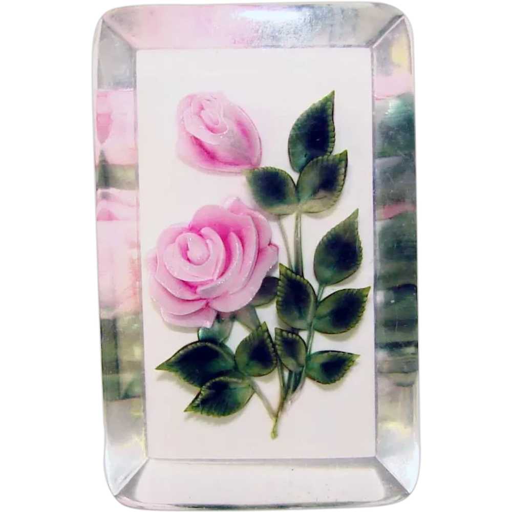 Gorgeous CARVED LUCITE Pink Rose & White Vintage … - image 1