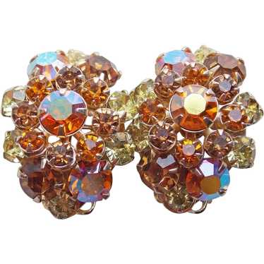 Gorgeous Amber & Yellow Rhinestone Vintage Earrin… - image 1