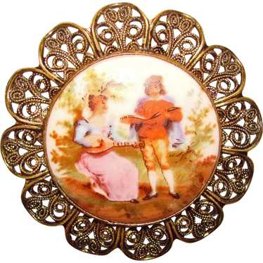 Romantic Couple Porcelain Filigree Vintage Brooch