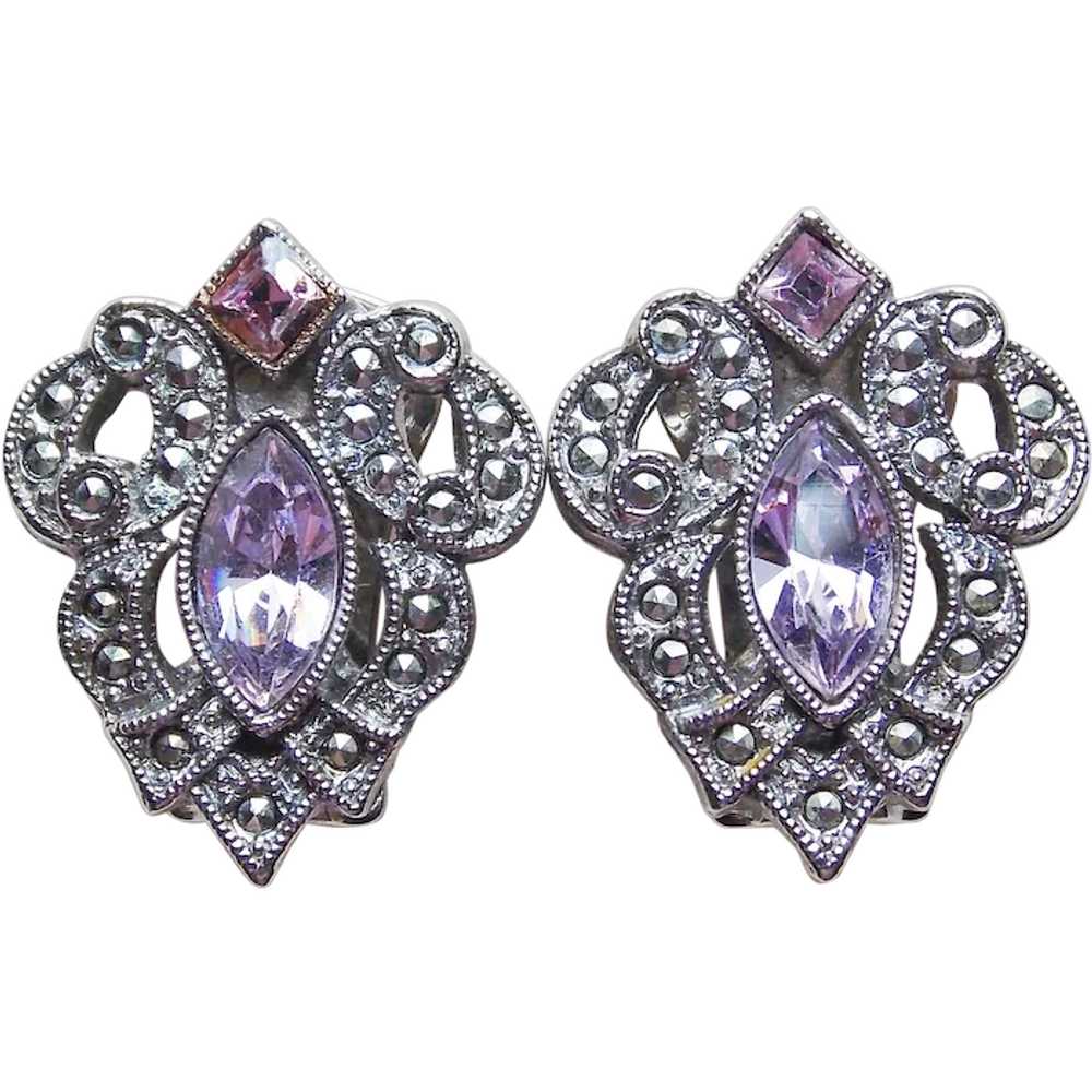 Gorgeous Unsigned 1928 Lavender Rhinestone Earrin… - image 1