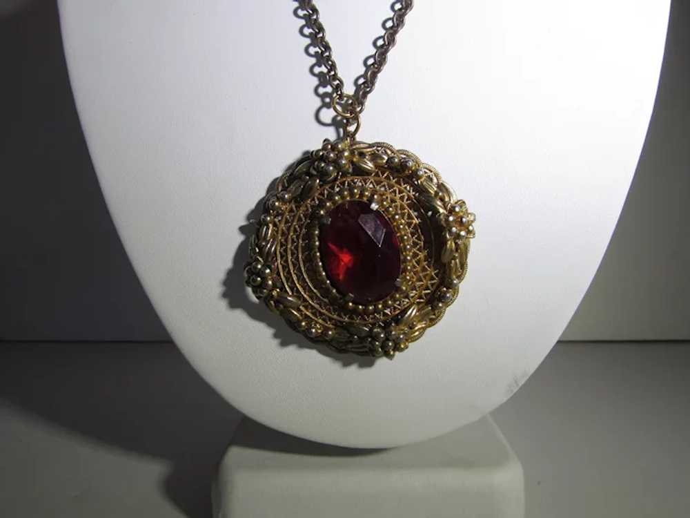 Vintage Goldtone Cranberry Glass Center Pendant a… - image 11