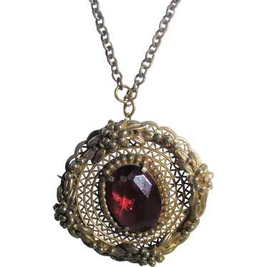 Vintage Goldtone Cranberry Glass Center Pendant a… - image 1