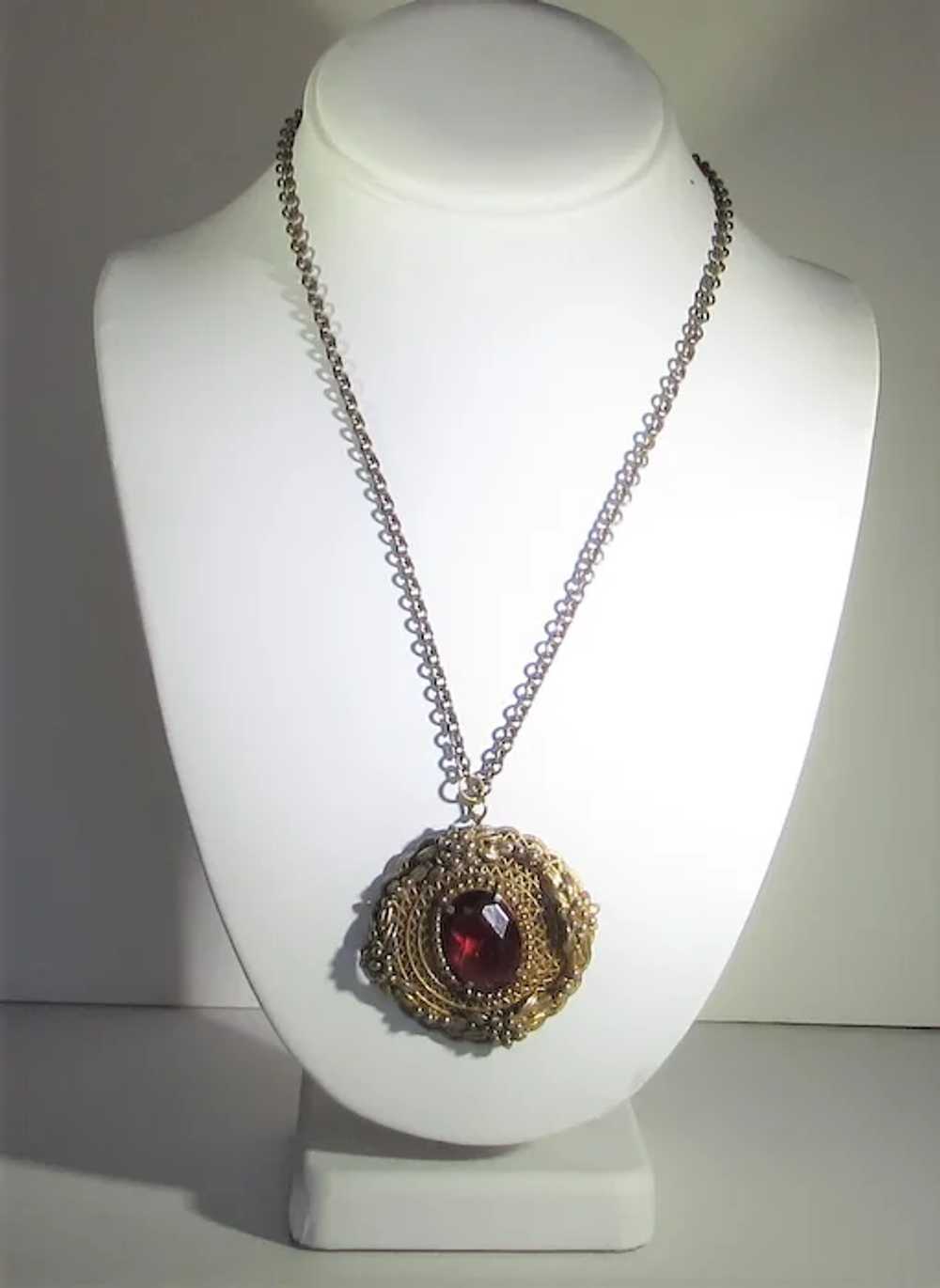 Vintage Goldtone Cranberry Glass Center Pendant a… - image 2