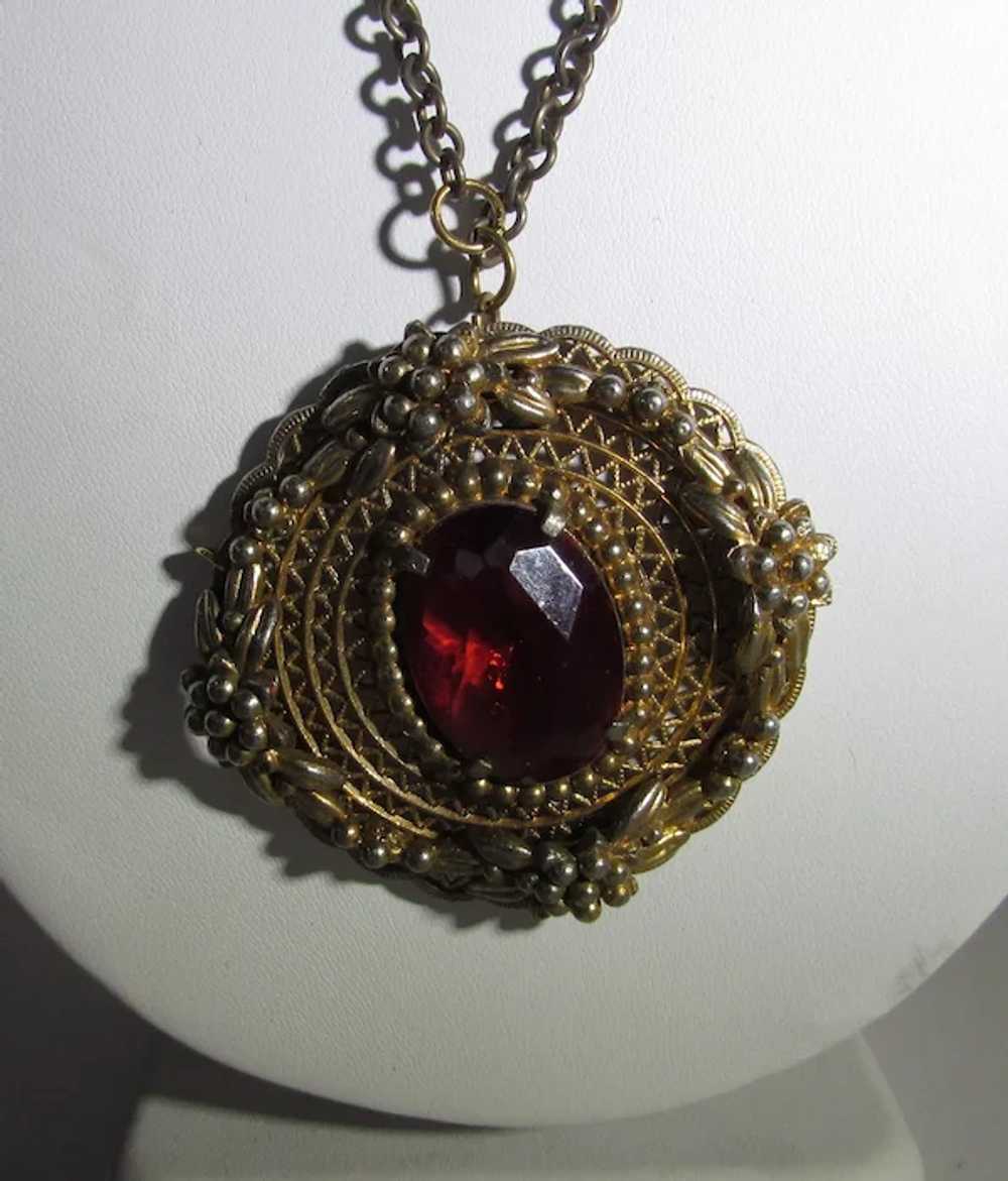 Vintage Goldtone Cranberry Glass Center Pendant a… - image 3