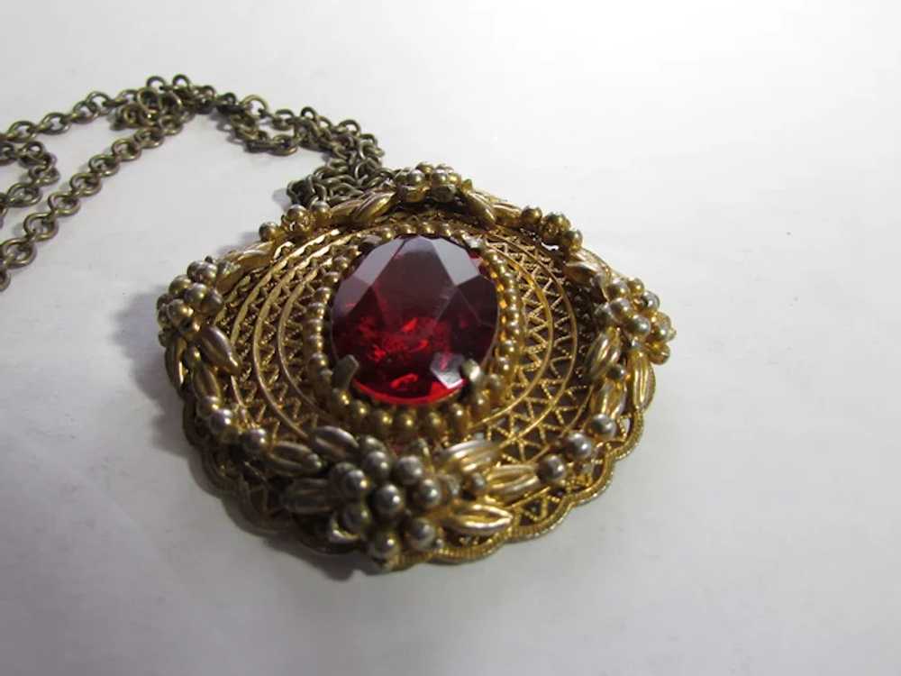 Vintage Goldtone Cranberry Glass Center Pendant a… - image 5