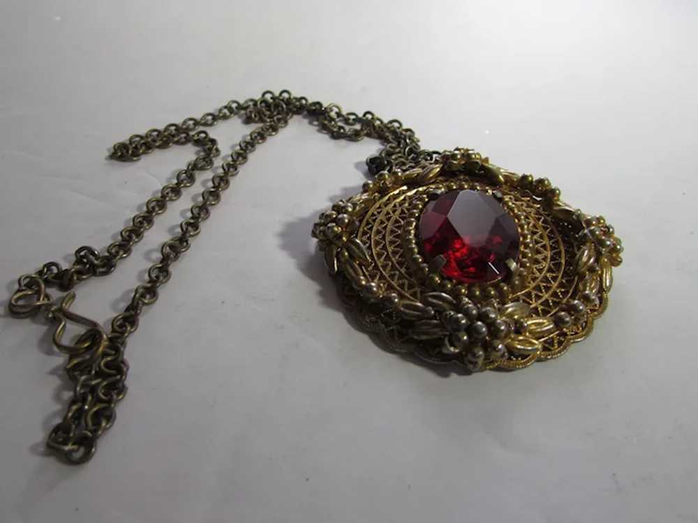 Vintage Goldtone Cranberry Glass Center Pendant a… - image 7