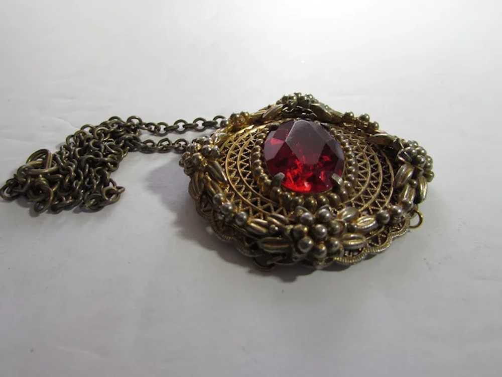 Vintage Goldtone Cranberry Glass Center Pendant a… - image 8