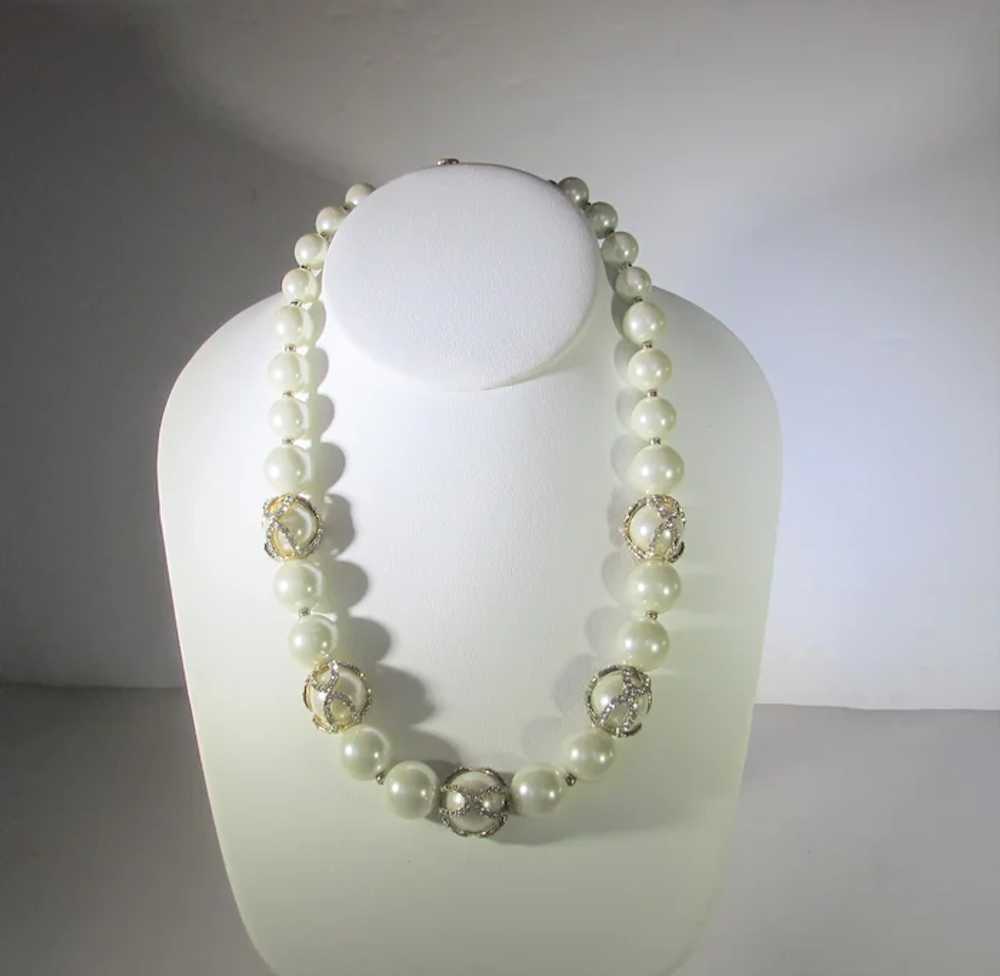 Vintage Signed Glass Faux Pearls with Crystal Acc… - image 2