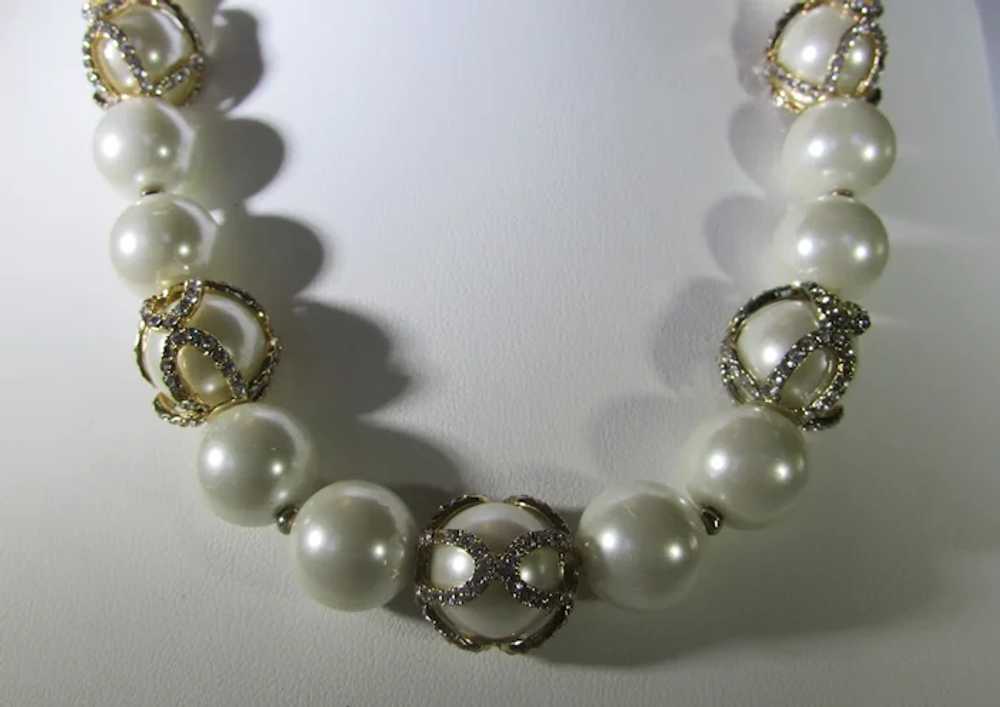 Vintage Signed Glass Faux Pearls with Crystal Acc… - image 3