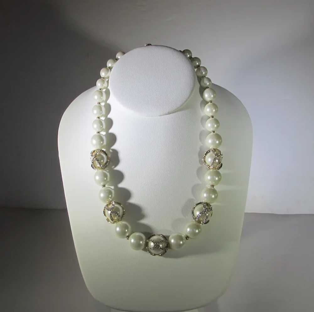 Vintage Signed Glass Faux Pearls with Crystal Acc… - image 4