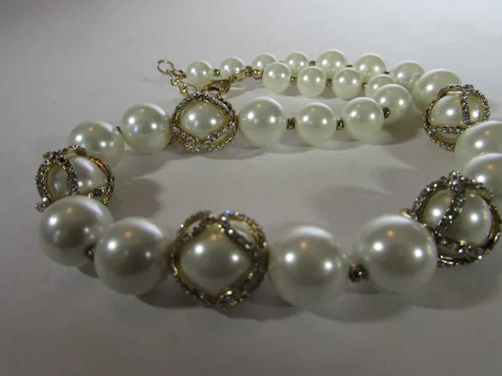 Vintage Signed Glass Faux Pearls with Crystal Acc… - image 5