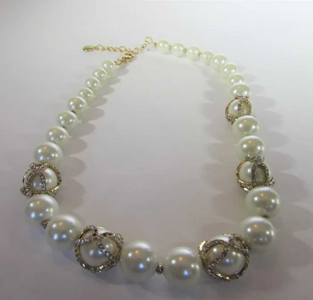 Vintage Signed Glass Faux Pearls with Crystal Acc… - image 7