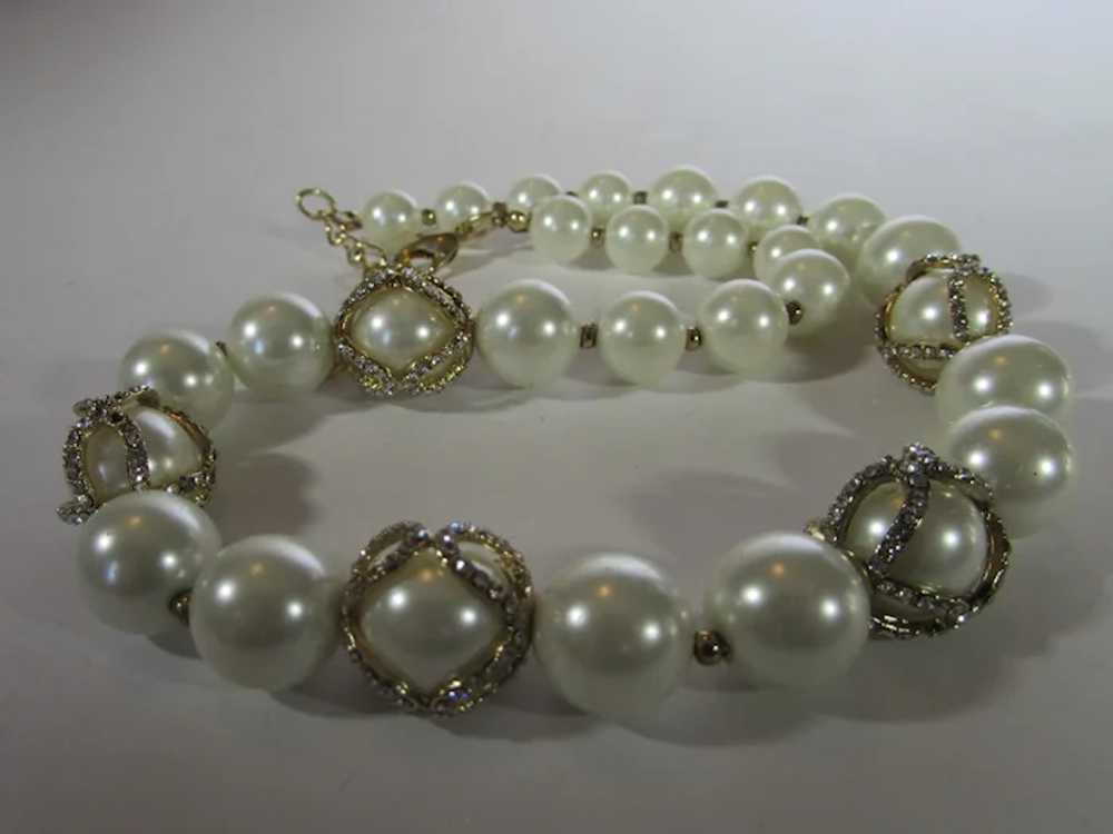 Vintage Signed Glass Faux Pearls with Crystal Acc… - image 9