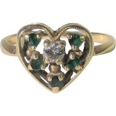 14 Karat Yellow Gold Emerald and Diamond Heart Ri… - image 1