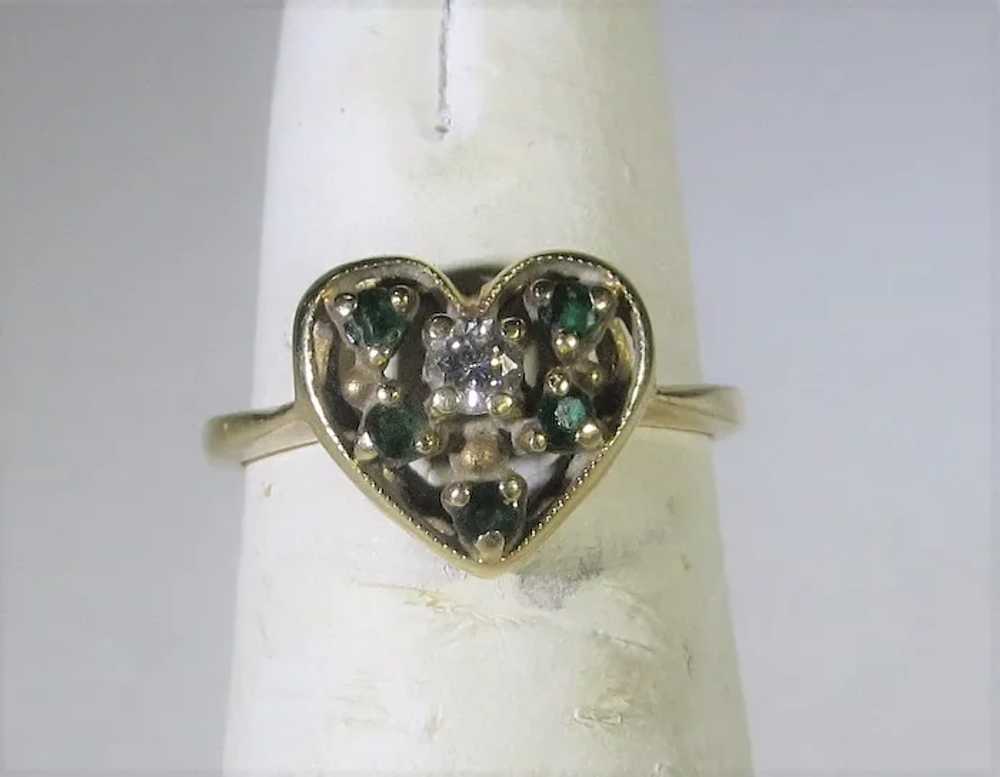 14 Karat Yellow Gold Emerald and Diamond Heart Ri… - image 4