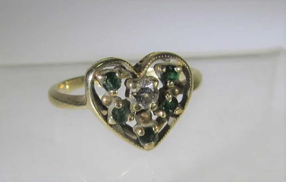 14 Karat Yellow Gold Emerald and Diamond Heart Ri… - image 7