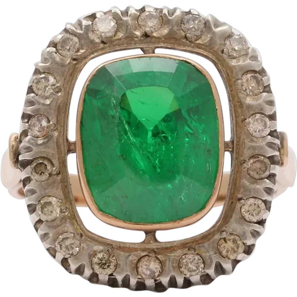Vintage Russian Emerald Diamonds 14K Yellow White… - image 1