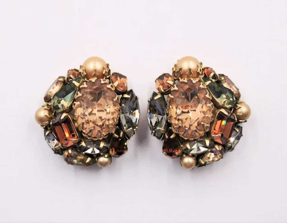 Earrings Signed Schreiner Faux Pearl Rhinestone - image 3