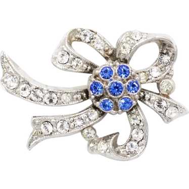 Brooch Pin Small Bow Rhinestone Sapphire Blue - image 1