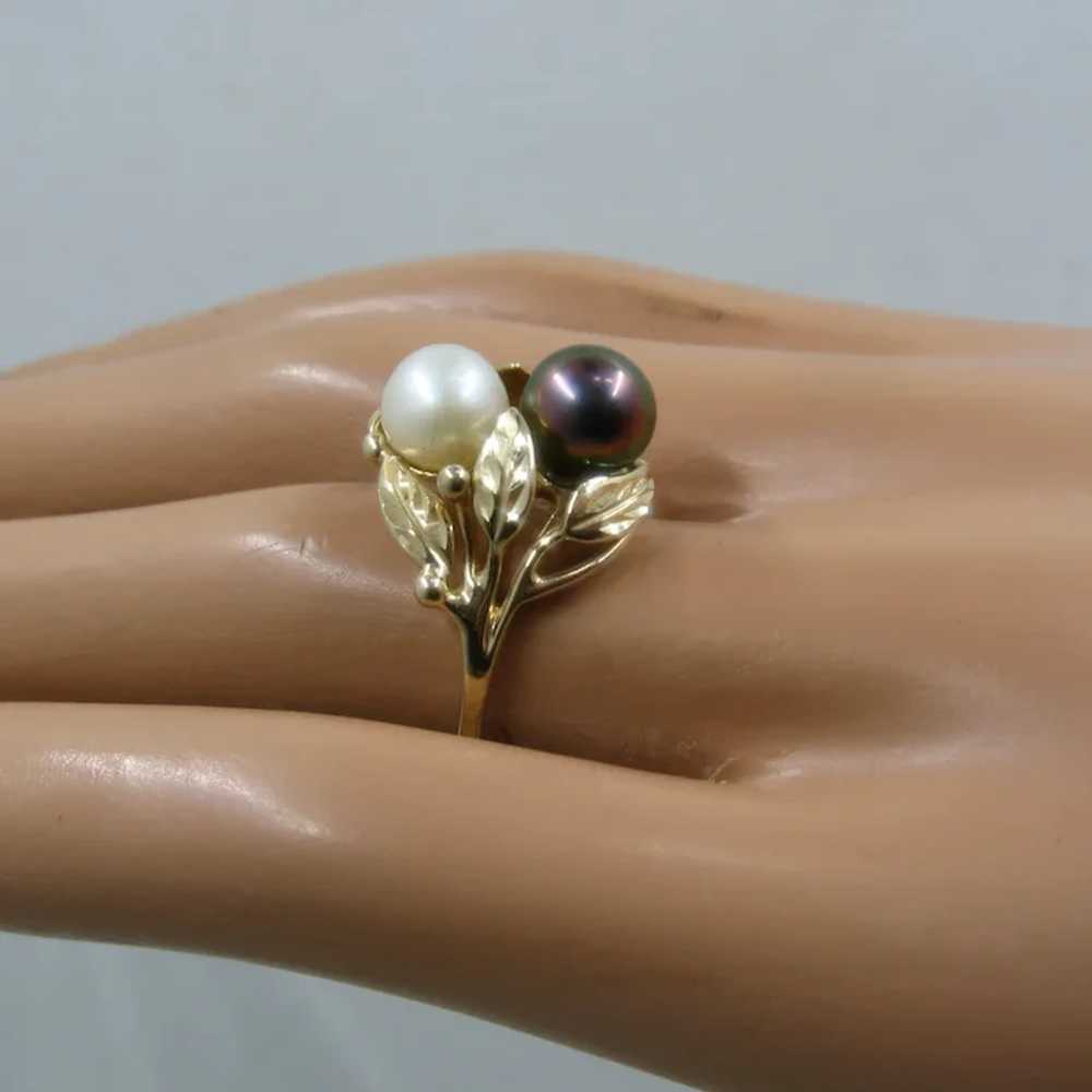 14K Black & White Round Pearls w/ Gold Leaves Rin… - image 10