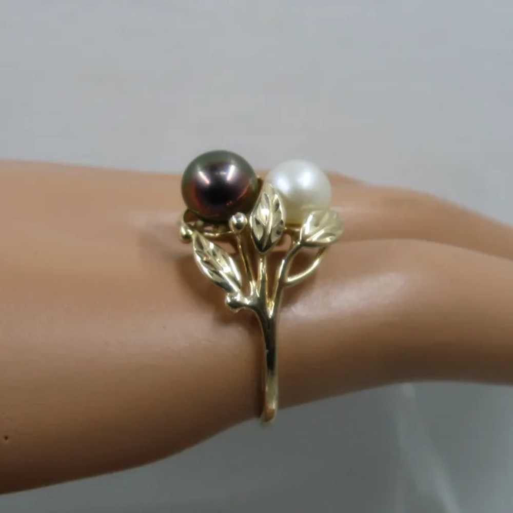 14K Black & White Round Pearls w/ Gold Leaves Rin… - image 11