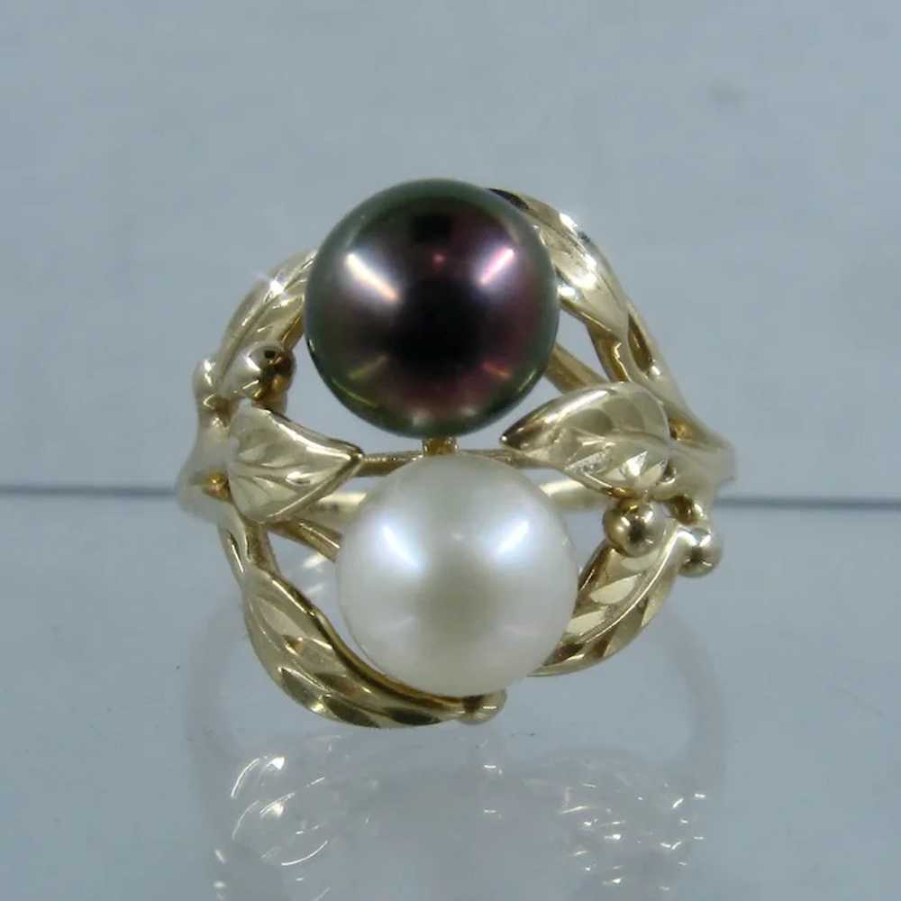 14K Black & White Round Pearls w/ Gold Leaves Rin… - image 3