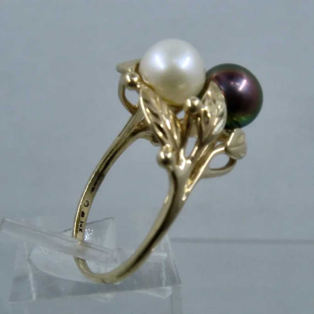 14K Black & White Round Pearls w/ Gold Leaves Rin… - image 4