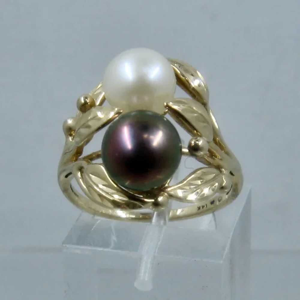 14K Black & White Round Pearls w/ Gold Leaves Rin… - image 6