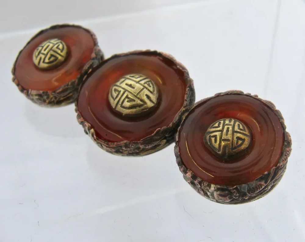 Ca 1930 China Triple Carnelian Brass Circles Pin - image 2