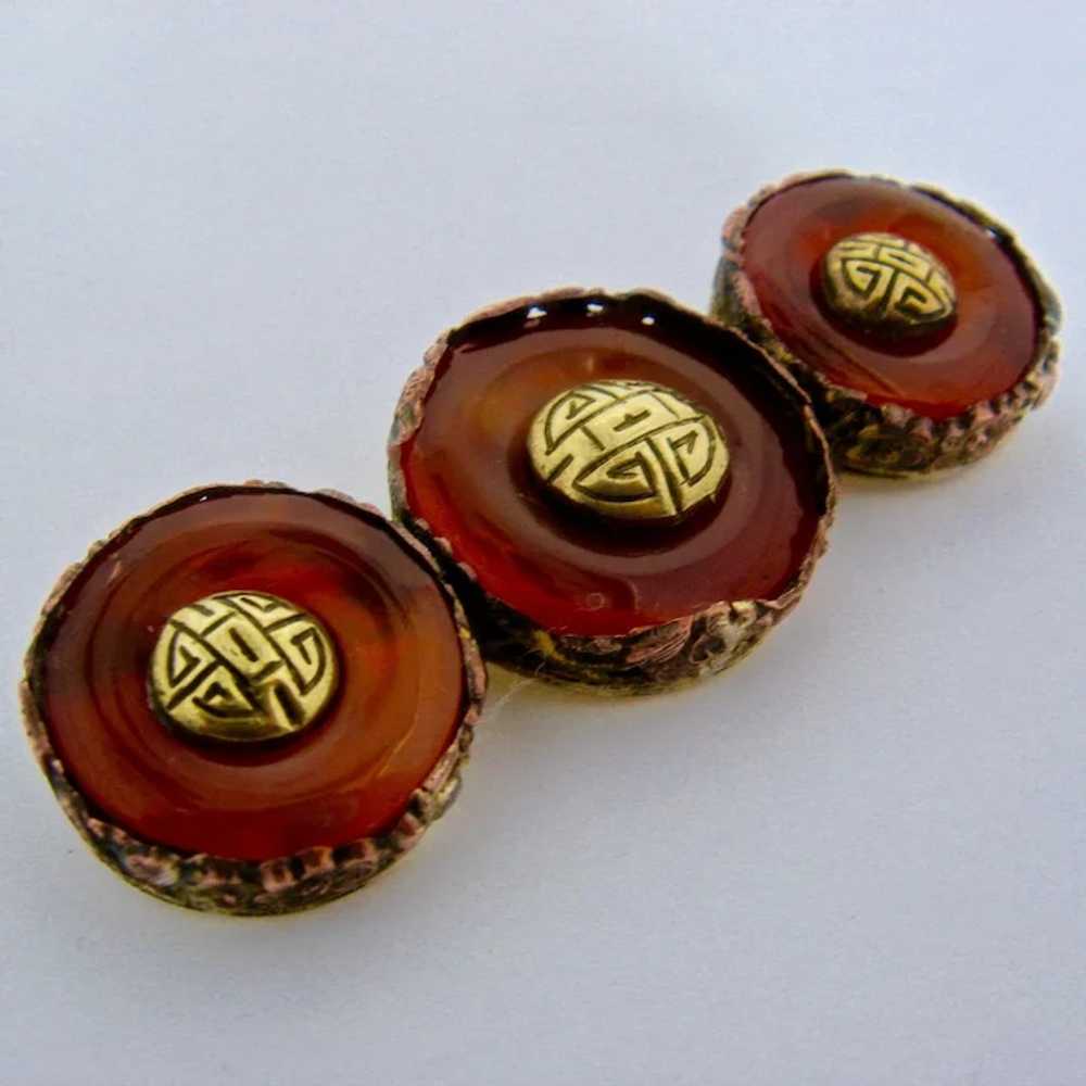 Ca 1930 China Triple Carnelian Brass Circles Pin - image 4