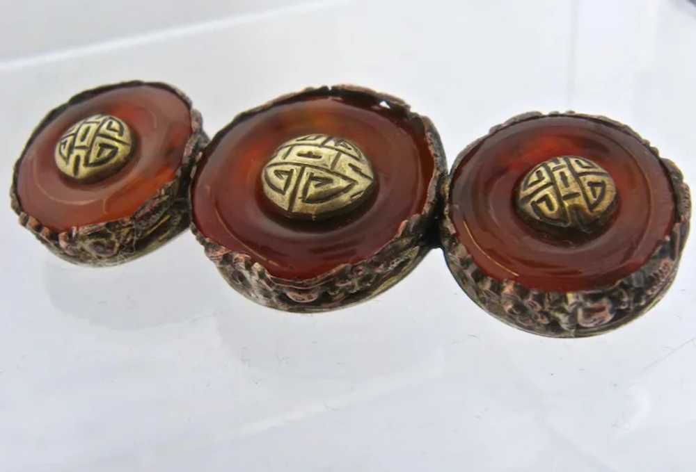 Ca 1930 China Triple Carnelian Brass Circles Pin - image 5