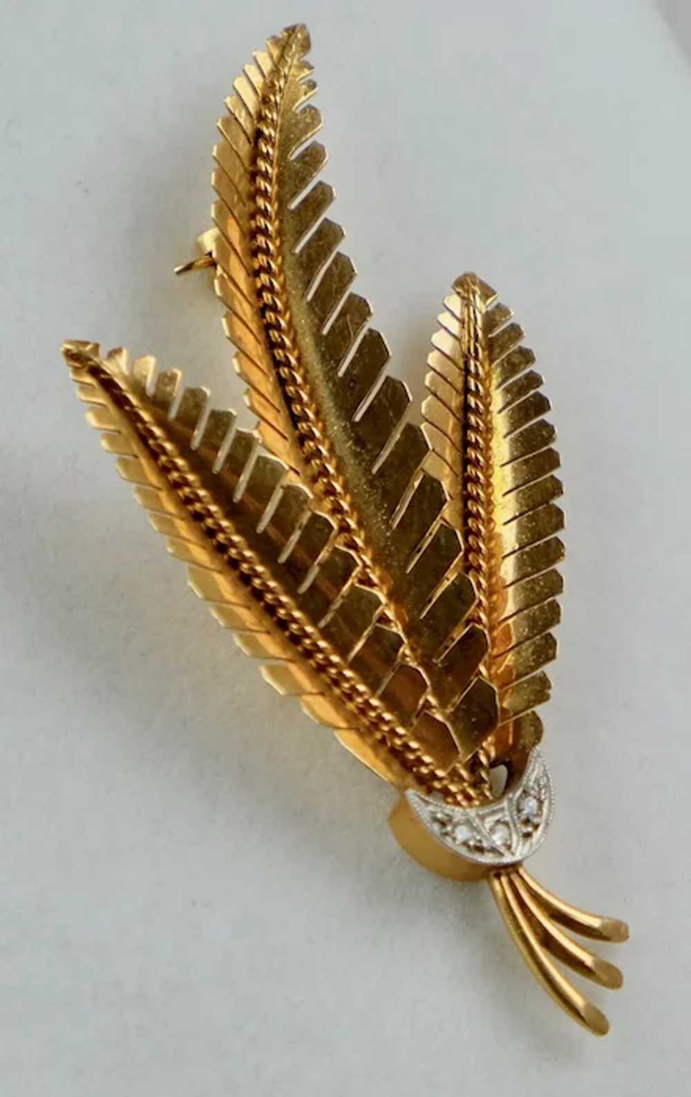 Retro 18K Rose Gold Diamond Ferns Pin Brooch - image 3