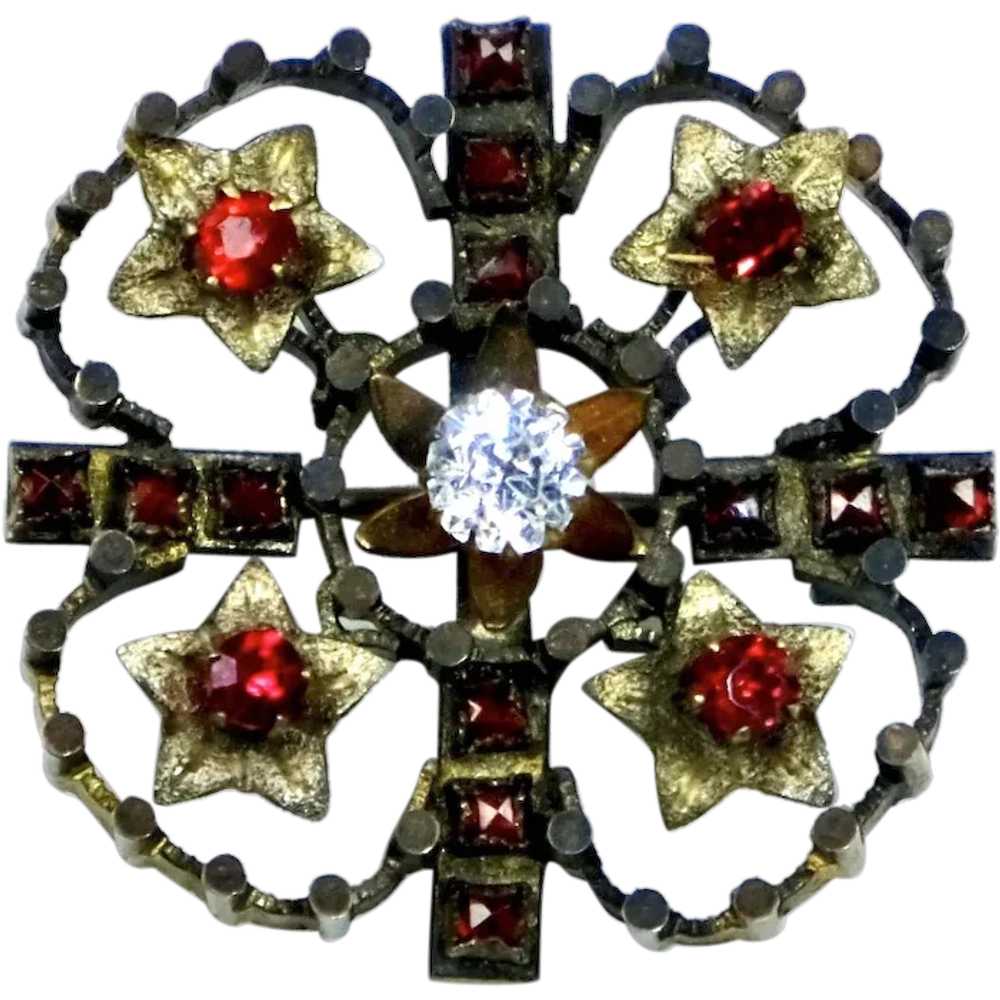 Victorian Gold Clover Pin with Red & White Paste … - image 1