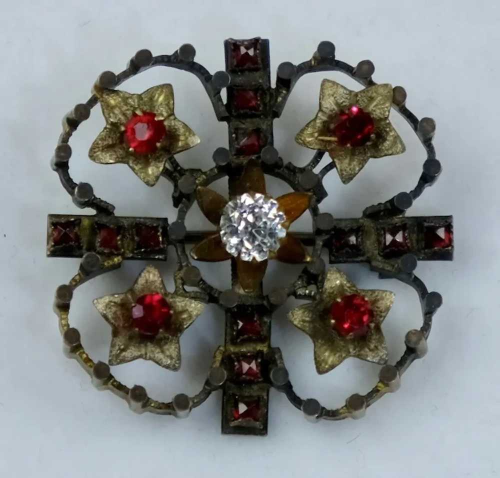 Victorian Gold Clover Pin with Red & White Paste … - image 2
